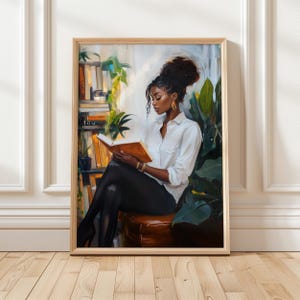 Black Woman Reading Art Print | African American Wall Art | Black Girl Book Art | Book Lover Printable | Bookish Digital Art