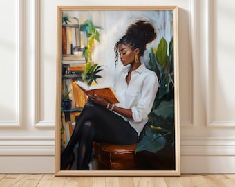 Impresión artística de mujer negra leyendo / Arte mural afroamericano / Arte de libros para niñas negras / Imprimible para amantes de los libros / Arte digital literario
