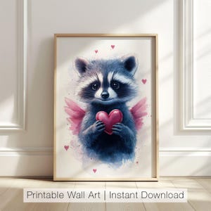 Cute Raccoon Wall Art, Valentine Animal Printable, Heart Holding Raccoon Print, Kids Room Decor, Whimsical Wildlife Art, Digital Download