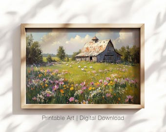 Rustic Barn and Wildflower Meadow, Farmhouse Printable Wall Art, Vintage Country Decor, Landscape Cottagecore Print, Digital Download