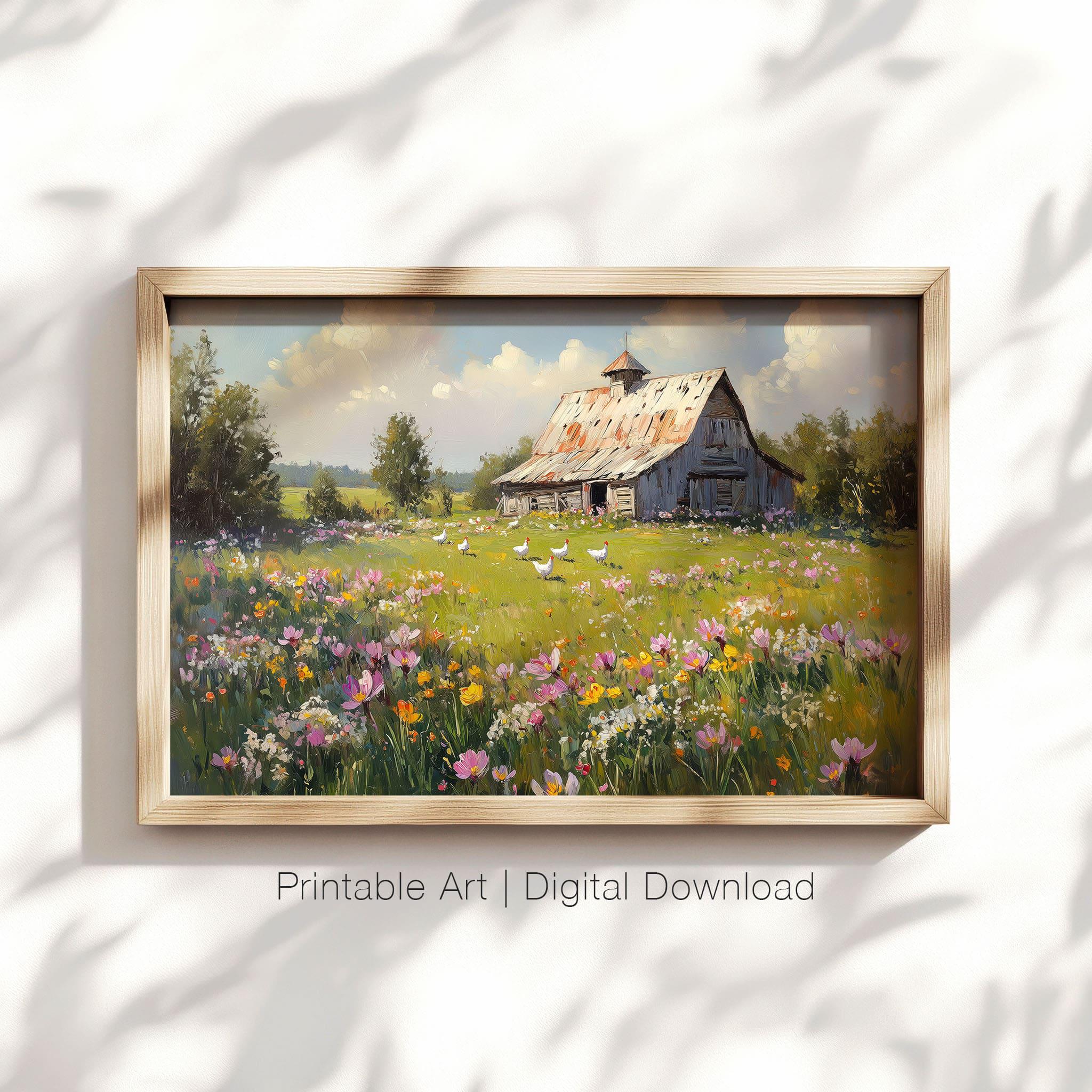 Rustic Barn and Wildflower Meadow, Farmhouse Printable Wall Art ...