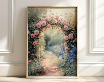 Rose Garden Wall Art, Floral Printable Art, Spring Pink Roses Print, Watercolor Flower Art, Cottagecore Decor, Digital Download