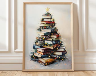 Book Tree Christmas Art Print | Cozy Bookish Decor | Holiday Digital Wall Art