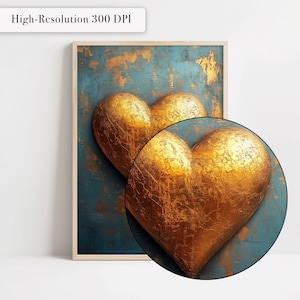 May include: Framed artwork featuring three golden hearts against a teal and gold textured background. The artwork is in a wooden frame and includes the text "High-Resolution 300 DPI" in the upper left corner.