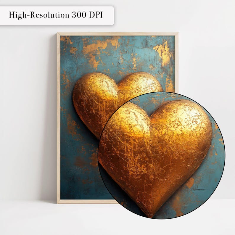 May include: Framed artwork featuring three golden hearts against a teal and gold textured background. The artwork is in a wooden frame and includes the text "High-Resolution 300 DPI" in the upper left corner.