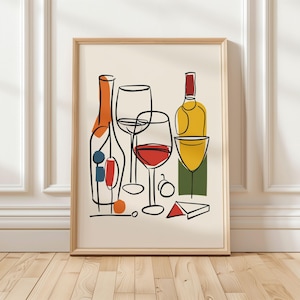 Abstract Wine Art Print | Minimalist Wine Decor | Modern Line Drawing | Colorful Kitchen Art | Wine Lover&#39;s Digital Wall Art
