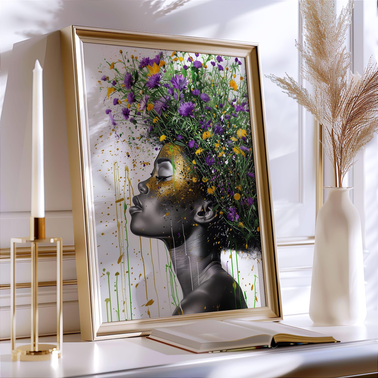 Afro Art Print | Floral Black Woman Portrait | Colorful Afrocentric ...