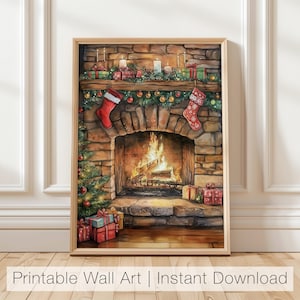Christmas Fireplace Wall Art, Cozy Holiday Decor, Christmas Printable, Festive Fireplace Art, Christmas Mantle Digital Print
