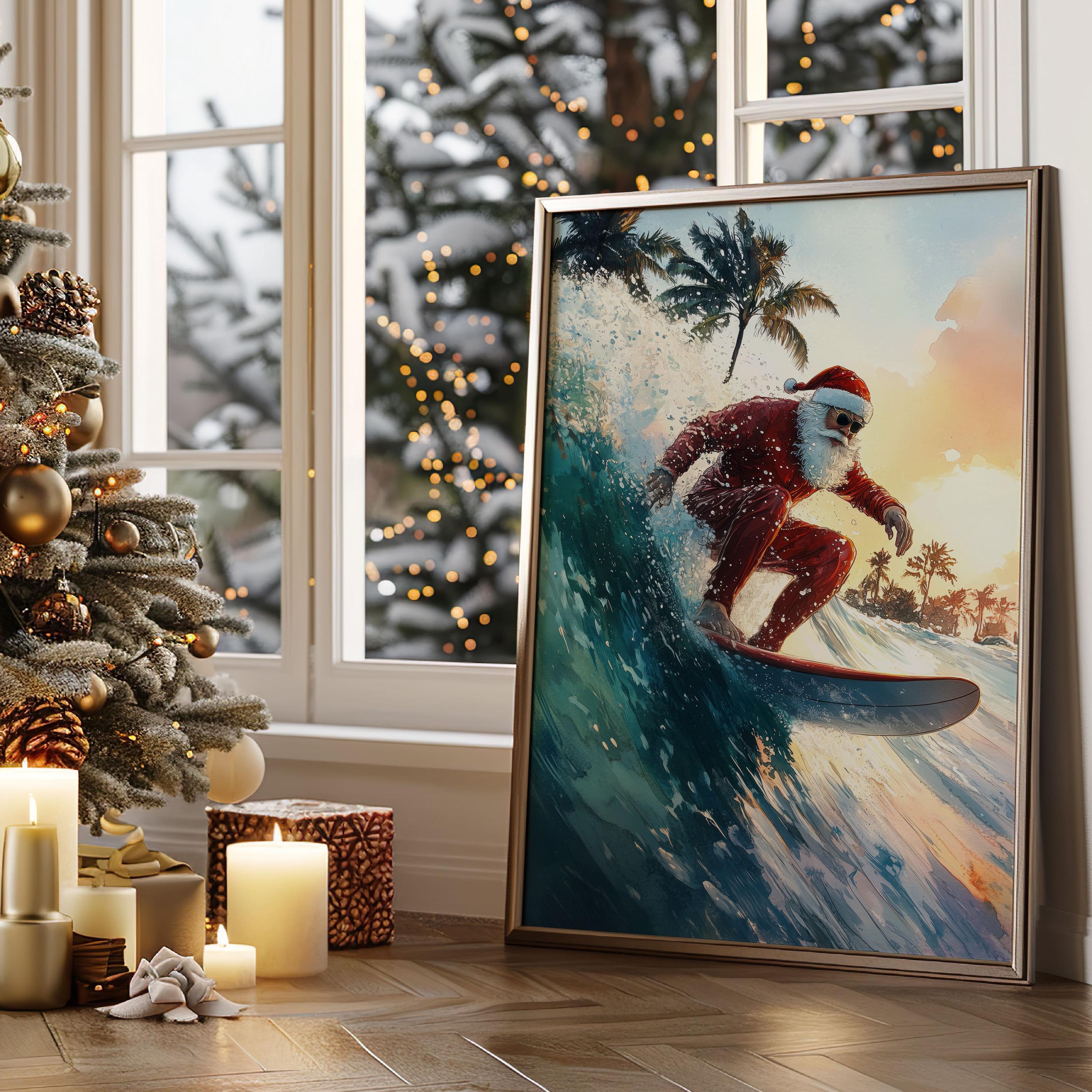 Santa Claus Surfer Printable Art, Tropical Christmas Print, Beach