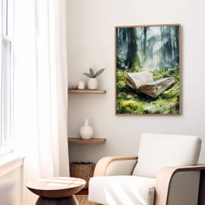 May include: A watercolor painting of a book lying open in a mossy forest clearing. The book is surrounded by green foliage and the background is a hazy forest.