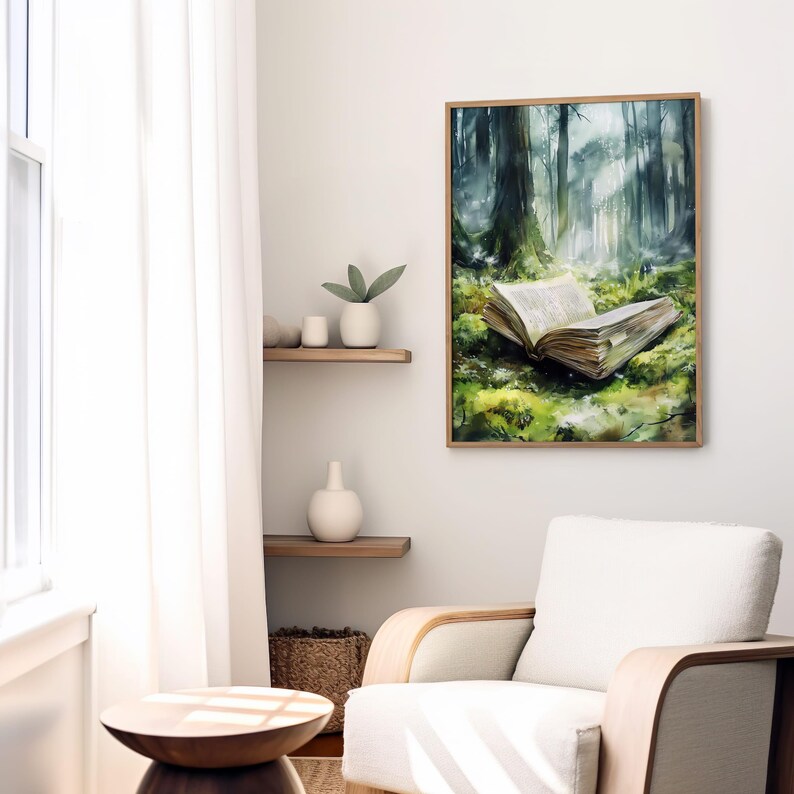 May include: A watercolor painting of a book lying open in a mossy forest clearing. The book is surrounded by green foliage and the background is a hazy forest.