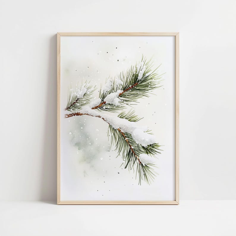 May include: A watercolor painting of a pine branch with snow on it. The branch is green and the snow is white. The background is a light blue.