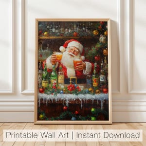 Lustiger Weihnachtsmann Bar Kunst, Weihnachten druckbares Dekor, Feiertags-Wand-Kunst, Weihnachtsmann trinkt Plakat, lustiger Feiertags-Bar-Druck