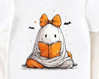 Ghost Reading Book PNG, Cute Halloween Ghost with Bow, Spooky Book Lover Sublimation, DTF Design, Kawaii Ghost Png, Digital Download