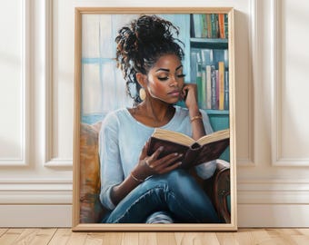 Arte de pared para amantes de los libros / Impresión de mujer afroamericana leyendo / Impresión artística de niña negra / Decoración acogedora para amantes de los libros