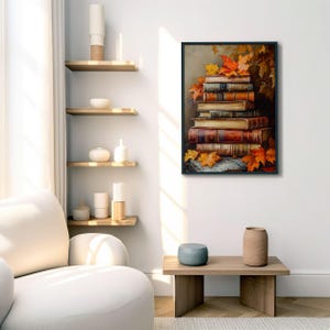 Vintage Book Stack Art Print | Autumn Book Print | Cozy Library Wall ...
