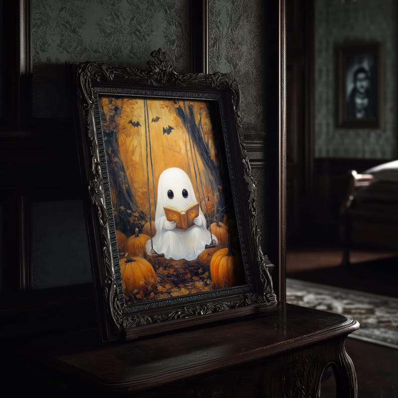 Cute Ghost Reading Art Print | Halloween Book Lover Decor | Spooky ...