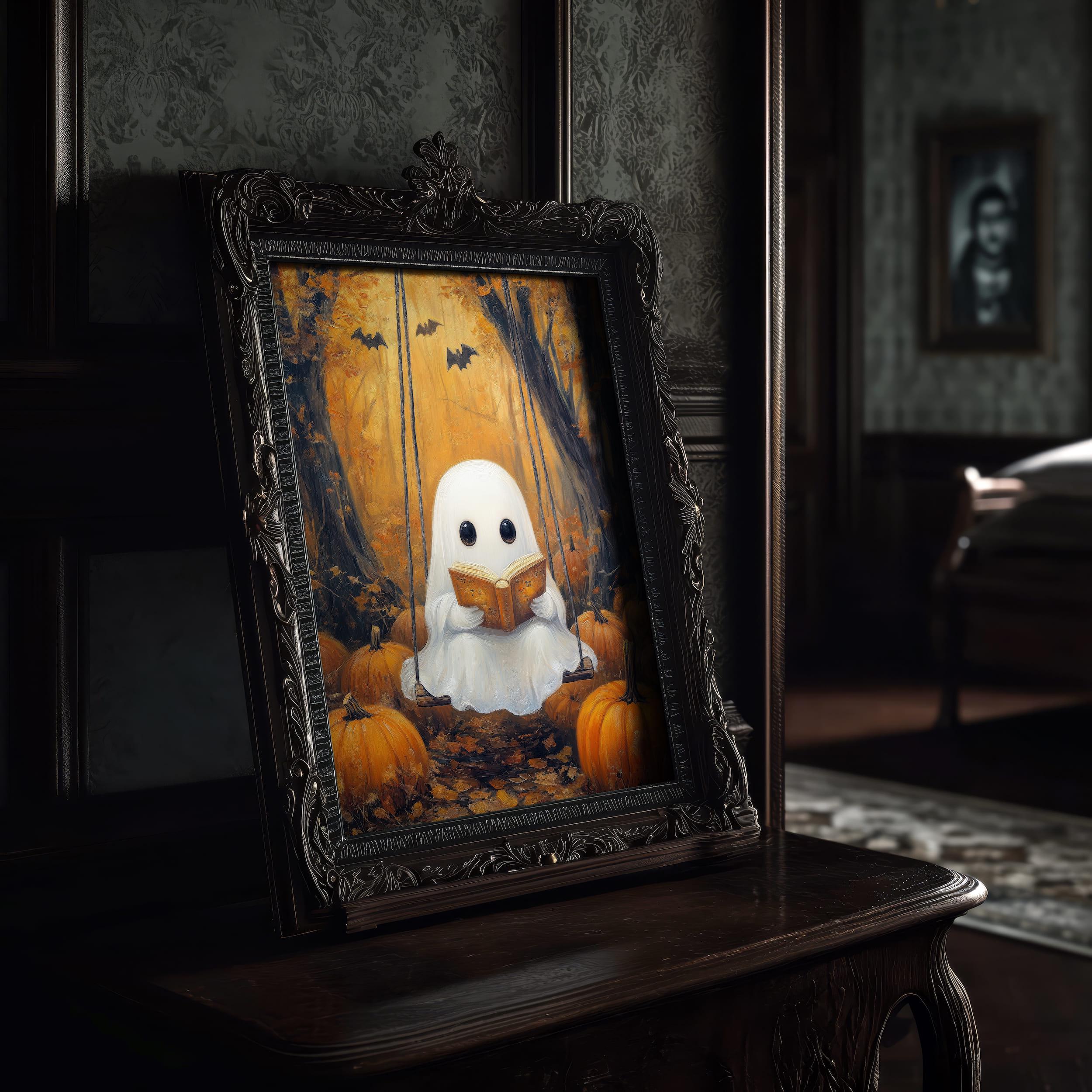 Cute Ghost Reading Art Print | Halloween Book Lover Decor | Spooky ...