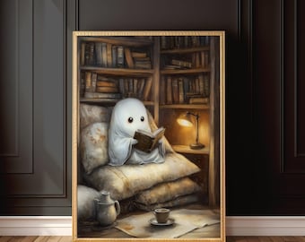 May include: A white ghost wearing a white robe sits in a cosy armchair, reading a book by a lamp in a room with bookshelves filled with books.