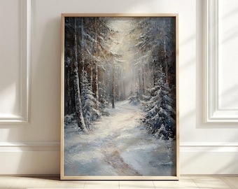 Winter Forest Landscape Art, Snowy Woodland Printable, Rustic Winter Wall Art, Serene Nature Decor, Tranquil Snow Scene, Digital Download