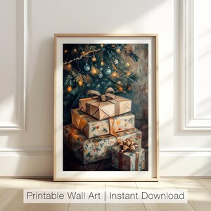 May include: A stack of wrapped gifts with a festive, vintage aesthetic. The gifts are decorated with floral patterns and ribbons, and are placed under a Christmas tree with twinkling lights.