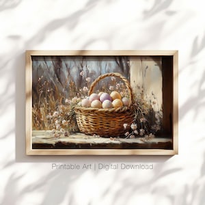 Rustic Easter Egg Basket Art, Spring Floral Decor, Cottagecore Printable Wall Art, Vintage Country Style Print, Easter Digital Download