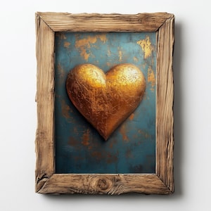 May include: A framed artwork featuring a textured, golden heart against a teal and gold background. The heart is the focal point, set within a rustic, natural wood frame. The artwork has a distressed, vintage aesthetic.
