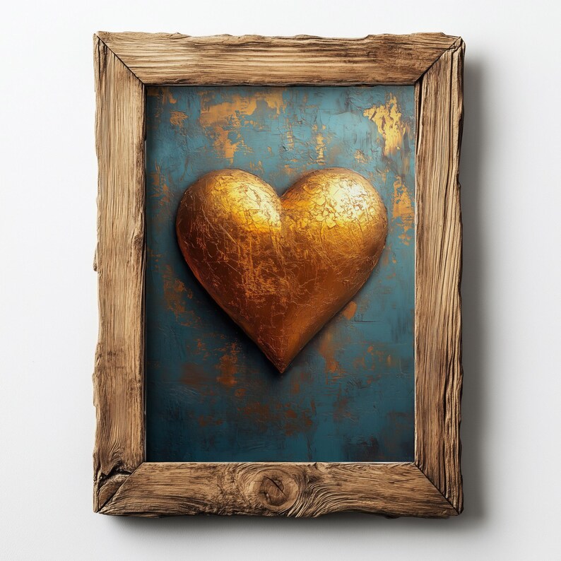 May include: A framed artwork featuring a textured, golden heart against a teal and gold background. The heart is the focal point, set within a rustic, natural wood frame. The artwork has a distressed, vintage aesthetic.