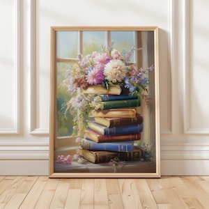 Floral Book Stack Art Print | Botanical Literary Decor | Book Lover&#39;s Digital Wall Art | Home Library Decor