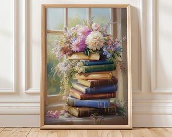 Impresión artística de pila de libros florales / Decoración literaria botánica / Arte mural digital para amantes de los libros / Decoración de biblioteca para el hogar