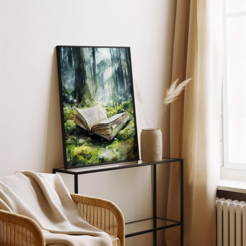 May include: A watercolor painting of an open book lying on a bed of green moss in a forest. The book is open to a page with text, and the forest is filled with tall trees and a misty atmosphere.