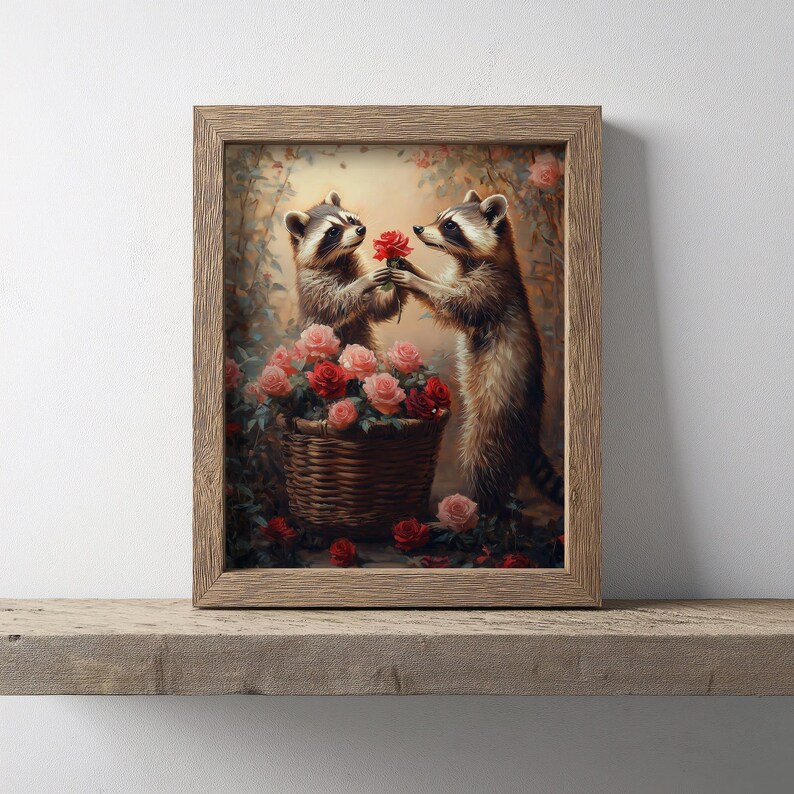 May include: A framed painting of two raccoons in a garden setting. The raccoon on the left is holding a red rose and the raccoon on the right is reaching for it. Both raccoons are surrounded by pink and red roses in a basket.