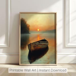 May include: A painting of a wooden rowboat on a still lake at sunset. The sun is setting behind a line of trees on the far shore, casting a warm glow over the water. The boat is empty and appears to be drifting gently.