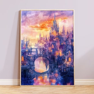 May include: A watercolour painting of a fantasy city with a bridge over a river. The city is made up of tall, pointed buildings with many windows. The sky is a soft pink and purple, and the water is a deep blue. The painting is framed in a wooden frame.