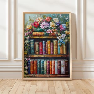 Vintage Bookshelf Art Print | Cozy Book Lover Print | Book Floral Wall Art | Bookish Home Decor Digital Art