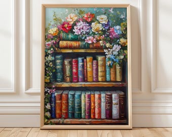 Vintage Bookshelf Art Print | Cozy Book Lover Print | Book Floral Wall Art | Bookish Home Decor Digital Art