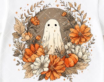 Kwiatowy Duch PNG, Jesienna Sublimacja Halloween, Uroczy Upiorny Duch Z Kwiatami Png, Dyniowy Duch Png, Jesienny Halloween Cyfrowe Pobieranie