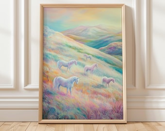 Unicorn Print Art Print | Pastel Unicorn Landscape Art | Nature Wall Decor | Whimsical Fantasy Digital Art