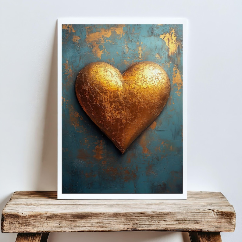 May include: A framed artwork featuring a large, textured gold heart against a teal and gold abstract background. The heart is the focal point, with visible brushstrokes and a metallic sheen. The artwork is displayed on a rustic wooden surface.