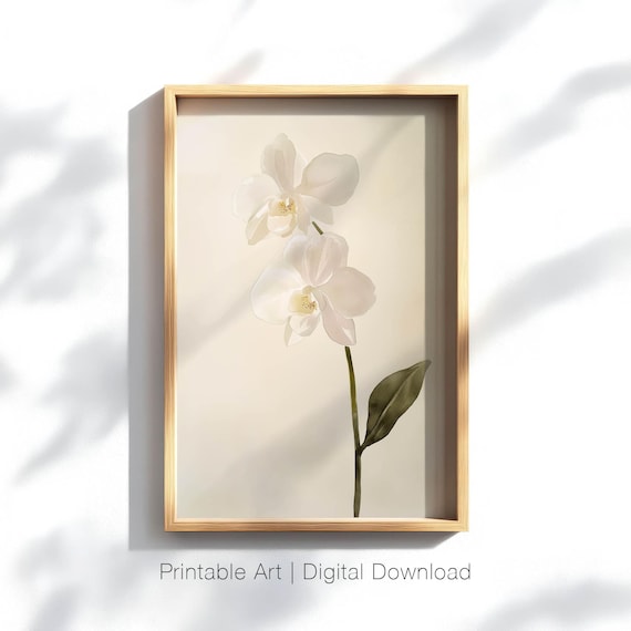 White Orchid Wall Art, Minimalist Botanical Print, Floral Watercolor Decor, Nature Poster, Elegant Flower Art, Printable Digital Download