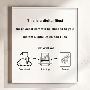 Peut inclure: Une illustration encadr&eacute;e en blanc montrant les &eacute;tapes pour cr&eacute;er de l'art mural en DIY. L'illustration montre un fichier t&eacute;l&eacute;charg&eacute; sur un ordinateur, puis imprim&eacute;, et enfin encadr&eacute;. Le texte indique "Ceci est un fichier num&eacute;rique ! Aucun article physique ne vous sera exp&eacute;di&eacute; ! T&eacute;l&eacute;chargement num&eacute;rique instantan&eacute; Fichiers DIY Wall Art T&eacute;l&eacute;chargement Impression Cadre"