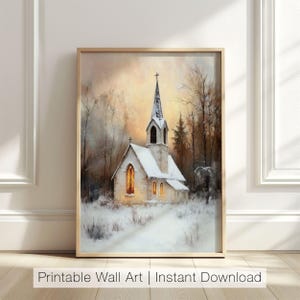 Vintage Winter Church Art Print, Christmas Chapel Print, Rustic Landscape Wall Art, Winter Sunset Scene, Christmas Decor, Digital Download
