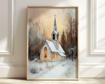 impression d'art vintage église d'hiver, impression chapelle de Noël, art mural paysage rustique, scène de coucher de soleil en hiver, décoration de Noël, téléchargement numérique