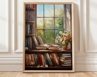 Cozy Vintage Library Art Print | Book Lover Wall Decor | Floral Bookshelf Digital Art | Home Library Decor