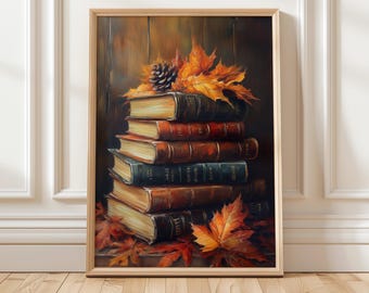 Op de afbeelding: Een stapel vintage lederen boeken met gouden letters, omringd door herfstbladeren en een dennenappel. De boeken zijn gerangschikt in een piramidevorm, met het grootste boek onderaan en het kleinste boek bovenaan. De bladeren zijn in tinten oranje, geel en rood.