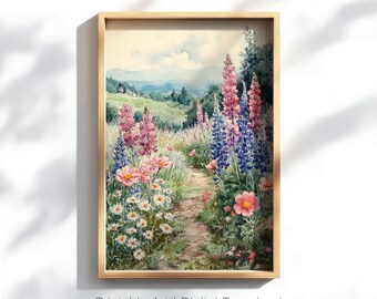 Wildflower Art Print, Watercolor Floral Landscape, Field Printable Art, Country Decor, Spring Meadow Print, Nature Art, Digital Download