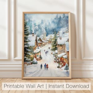 Arte mural de pueblo navideño, imprimible de país de las maravillas invernal, escena navideña nevada, decoración navideña callejera, impresión invernal, decoración navideña digital
