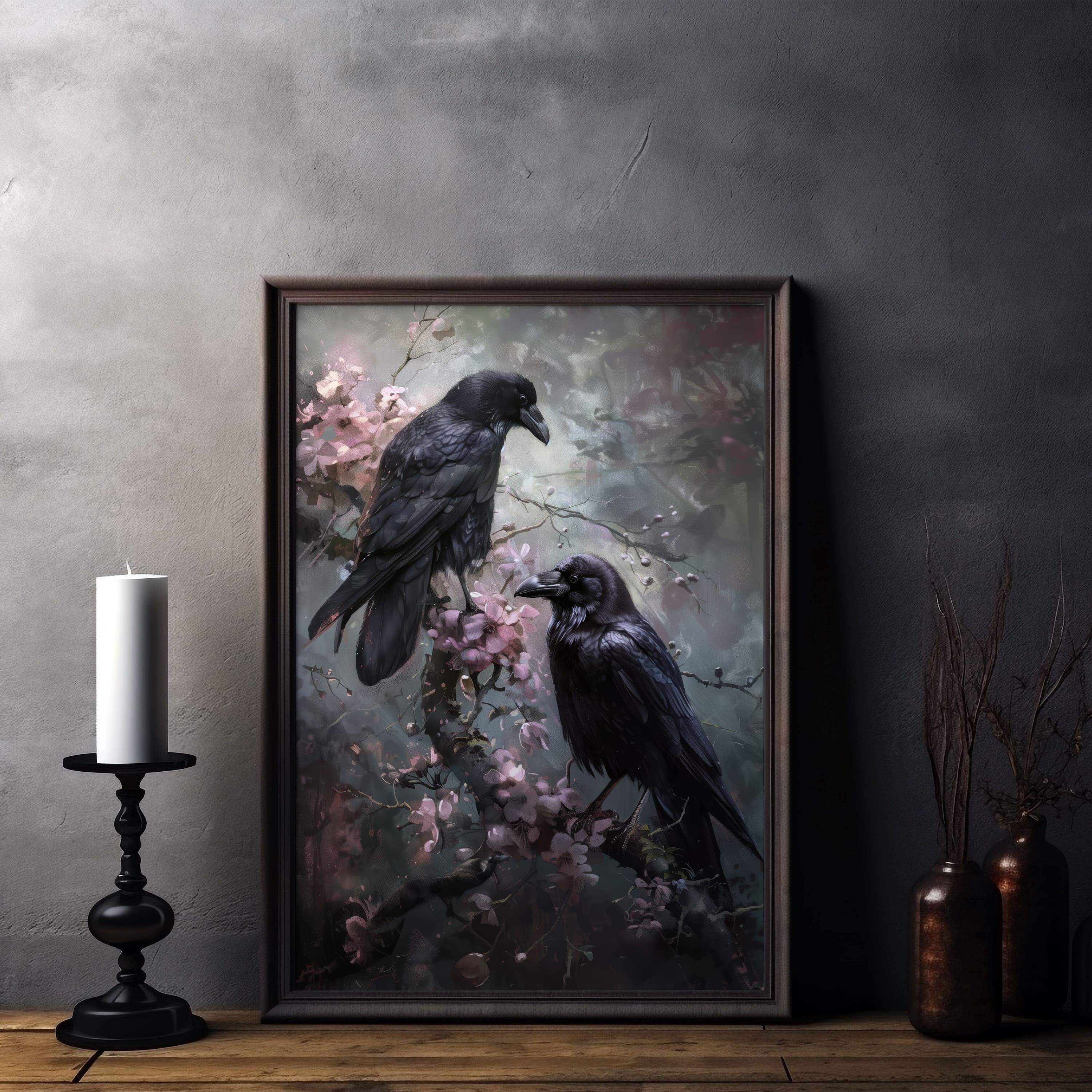 Victorian Gothic Raven Art Print | Dark Floral Art | Two Ravens on ...