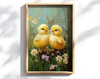 Spring Chicks Wall Art, Yellow Chick Printable Decor, Easter Floral Artwork, Rustic Spring Home Decor, Farmhouse Digital Download