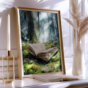May include: A watercolor painting of a forest scene with a book lying open on the forest floor. The book is surrounded by green moss and ferns. The forest is filled with tall trees and a misty atmosphere.